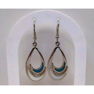 Teardrop Crushed Turquoise White Enamel Hook Drop Silver Pewter Earrings